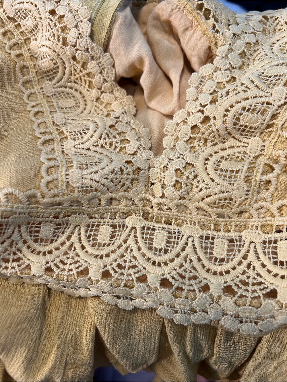 Yellow Lace Tiered Maxi Dress V Neck & Back Sleeveless Large Boho Regency - Picture 5 of 10